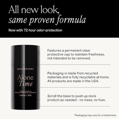 Each & Every Aluminum Free Deodorant for Men & Women - All Natural Deodorant for Sensitive Skin, EWG Verified - Clean, Baking Soda Free, Plant-Based Fragrance, Cedar & Vanilla, 2.5oz