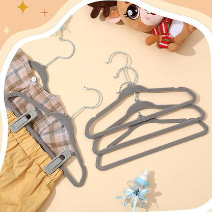 Soaoo 50 Pcs Baby Velvet Non-Slip Hangers with Clips,100 Clips for Pants & Skirts, Space-Saving Kids Children Clothes Hangers for Nursery Closet Organization(Grey)