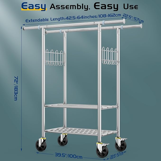 Heavy Duty Clothes Rack Up to 980 LBS, 100% Stainless Steel Rolling Clothing Rack with 2 Tier Shelves, Double Rod Garment Racks for Hanging Clothing, Extendable Rolling Clothes Rack with Wheels