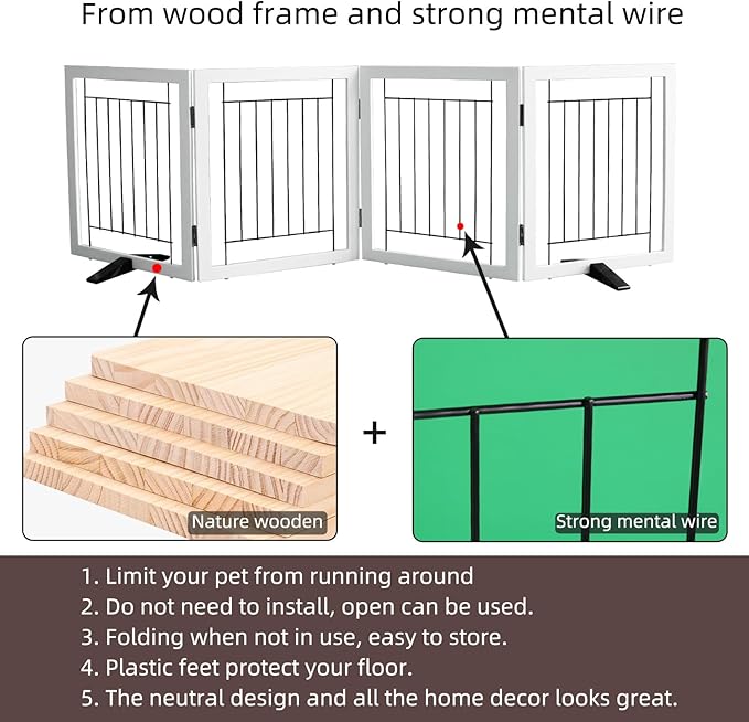 ZJSF Freestanding Dog Gate Indoor, Foldable Dog Fence for Doorways,Hallways or Stairs, Sturdy Wood Extra Wide Pet Gate with Support Feet,White,32 "Height-4 Panels
