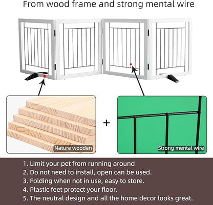 ZJSF Freestanding Dog Gate Indoor, Foldable Dog Fence for Doorways,Hallways or Stairs, Sturdy Wood Extra Wide Pet Gate with Support Feet,White,24 "Height-4 Panels