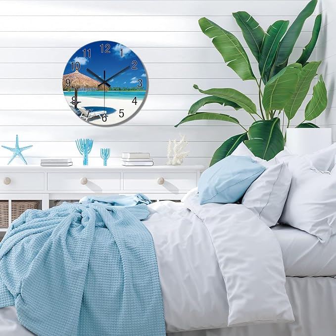 XFM Beach Wall Clock Battery Operated 16 Inch Blue Ocean Glass Wall Clocks Silent Non Ticking Tropical Summer Coastal Clock for Bedroom Living Room Office