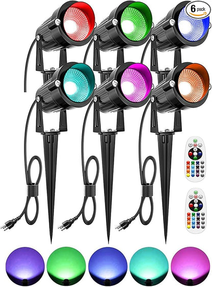 ZUCKEO RGBW Christmas Spotlights Outdoor LED Spot Lights for Yard, 10W Color Changing Landscape Lighting 120V Waterproof Spotlight with Plug & Remote for House Garden Path Tree Decoration(6Pack)