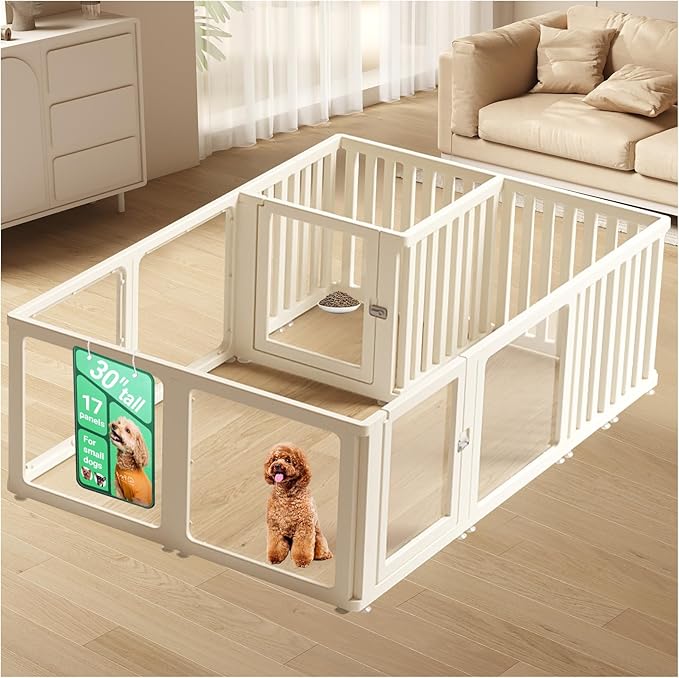 Transparent 17-Panel Dog Playpen, Acrylic Indoor/Outdoor Puppy Pen for Small & Medium Dogs, 30 Inch with Door, White(Ventilated Design 74 * 50 Two Rooms,30 inch)