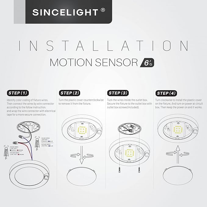 SINCELIGHT PIR Motion Sensor 7W LED Ceiling Light (Φ6''/146mm), Automatically ON/Off, Movement Activated, Cool White 6000K, Surface/Flush Mount for Closet,Cabinet,Hallway, Damp Use, Pack of 1
