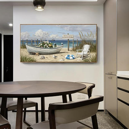 amatop Giant Framed Beach Wall Art Large Nautical Seaside Canvas Print Flower Boat Ocean Horizontal Landscape Picture Sea Birds Artwork for Coastal Farmhouse Living Room Bedroom Office Decor 58×29 Inch