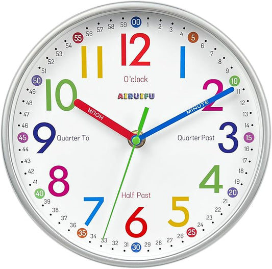 AIRUIFU Kids Wall Clock,Silent Non-Ticking Clocks Battery Operated,Kids Room Wall Decor for Bedrooms,Analog Clock for Bedroom,Living Room,Kitchen,Office,School Classroom (8 inch)