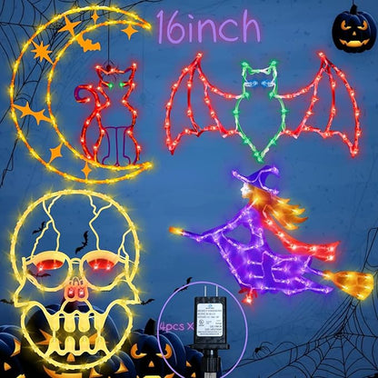 Halloween Window Lights - 16" Silhouette Lights - 4 Pack Colour Lighted Witch, Bat, Skull Head & Cat on Moon for Holiday Indoor and Outdoor Wall Door Decorate