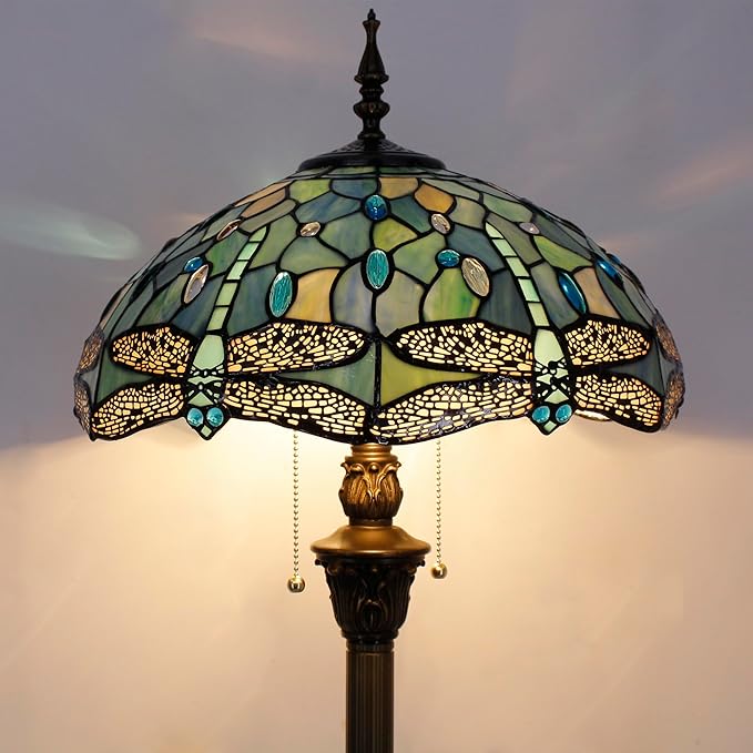 Tiffany Floor Lamp Sea Blue Stained Glass Dragonfly Style 16X16X70 Inch Antique Standing Reading Light