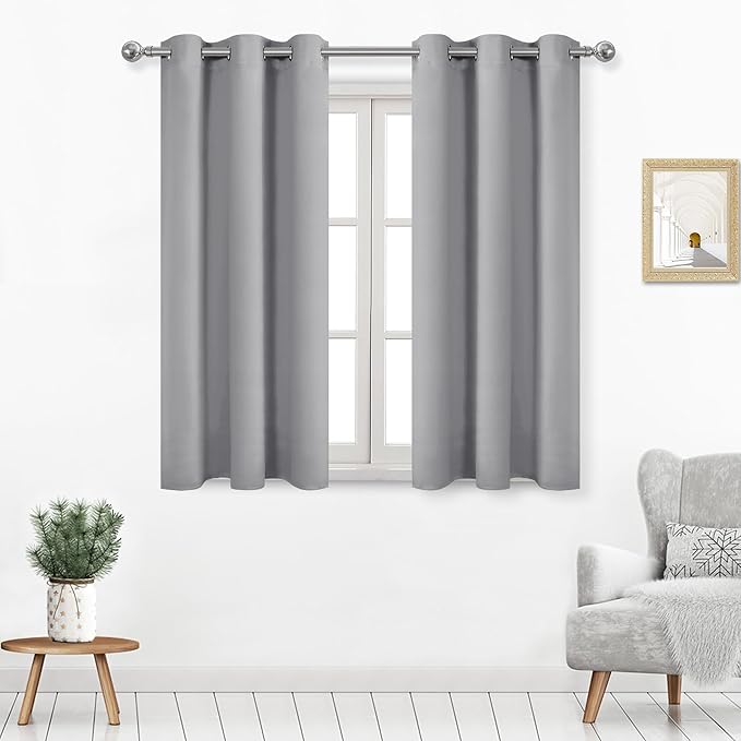 DWCN Silver Grey Blackout Curtains for Bedroom, Room Darkening Grommet Thermal Light Blocking Drapes for Living Room - W42 x L45 Inch Length, Set of 2 Thick Panels