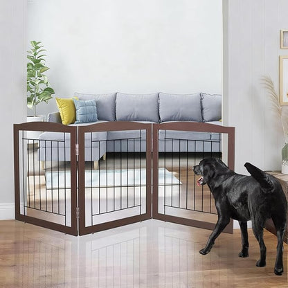 ZJSF Freestanding Foldable Dog Gate for House Extra Wide Wooden Brown Puppy Gate Stairs Dog Gates Doorways Tall Pet Gate 24 "Height 3 Panels Pet Fence