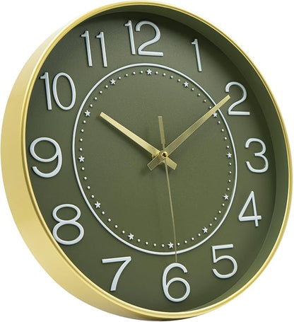 HZDHCLH 12inch Wall Clocks Battery Operated,Quartz Movement,Silent Non Ticking Modern Wall Clock for Living Room Bedroom Kitchen Office School Classroom Decor Green Gold