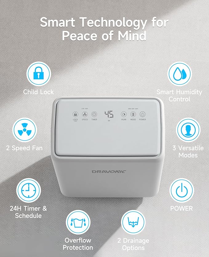 2000 Sq. Ft Dehumidifier for Basement, 30 Pint Dehumidifiers for Home, Bedroom and Bathroom, 3 Modes Dehumidifier with Drain Hose, Smart Humidity Control, 24H Timer (White)