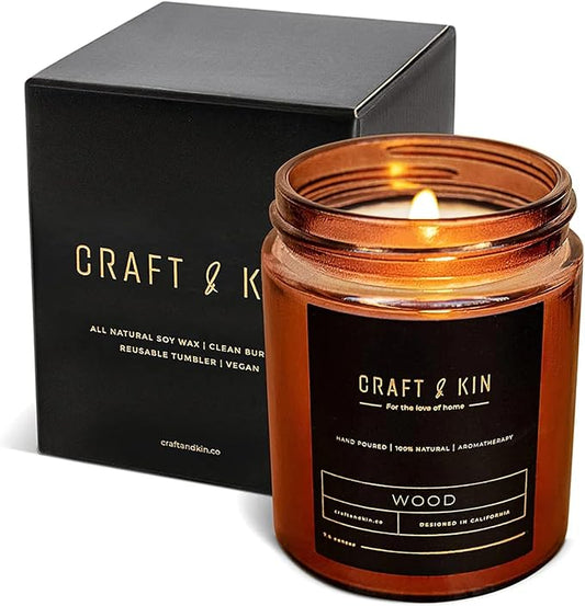 Craft & Kin Scented Candles for Men | Premium Wood Candle | All-Natural Scent for Home | Long Lasting Holiday Candles with 45 Hour Burn Time, 8oz