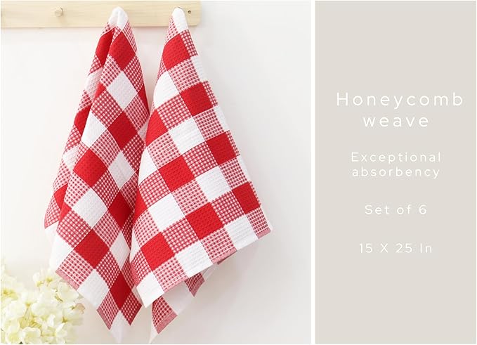 PurpleEssences 100% Cotton Waffle Weave Check Plaid Kitchen Towels, Super Soft and Absorbent Dish Towels for Drying Dishes 15x25-6 Pack - Christmas Holiday Winter - Red and White