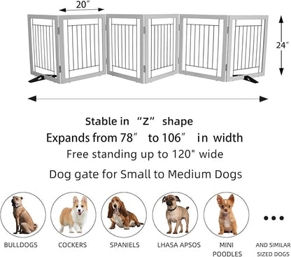 ZJSF Freestanding Dog Gate Indoor, Foldable Dog Fence for Doorways,Hallways or Stairs, Sturdy Wood Extra Wide Pet Gate with Support Feet,Grey,24 "Height-6 Panels