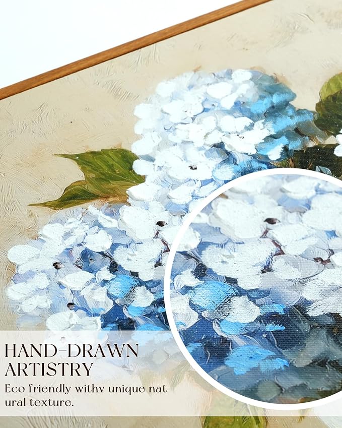 InSimSea Vintage Framed Canvas Art, Vintage Blue Hydrangea Painting, Hand-Painted Floral Textured Artwork for Dining Living Room Hallway,16x24in,Classical Still Life Wall Shelf Decor Aesthetic