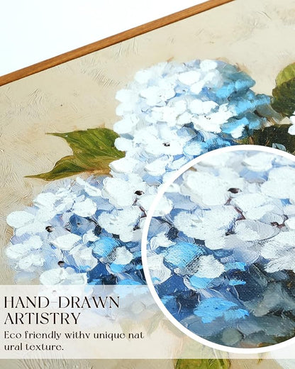 InSimSea Vintage Framed Canvas Art, Vintage Blue Hydrangea Painting, Hand-Painted Floral Textured Artwork for Dining Living Room Hallway,16x24in,Classical Still Life Wall Shelf Decor Aesthetic