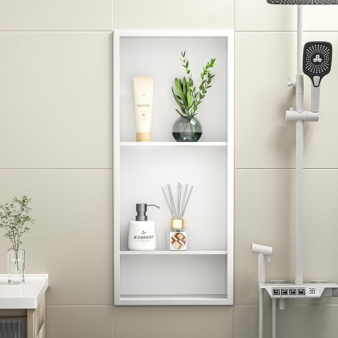 Stainless Steel Shower Niche 30" X 12" White with 3-Tiers Shelves No Tile Needed Niche Shower for Bathroom Storage Recessed Shower Shelves Over Mount Installation
