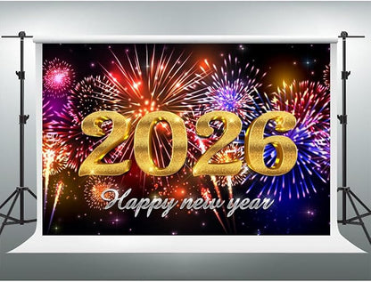 YongFoto 2026 Happy New Year Backdrop 9x6ft Glorious Night Sky Fireworks Photography Background Christmas Night Festival Carnival Family Party Banquet Decor Banner Photoshoot Wallpaper Photo Booth