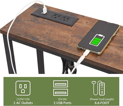 63 Inch Sofa Table，Narrow Console Table with Power Outlet，Slim Entryway Table for Living Room,Hallway,Bedroom(Rustic Brown)