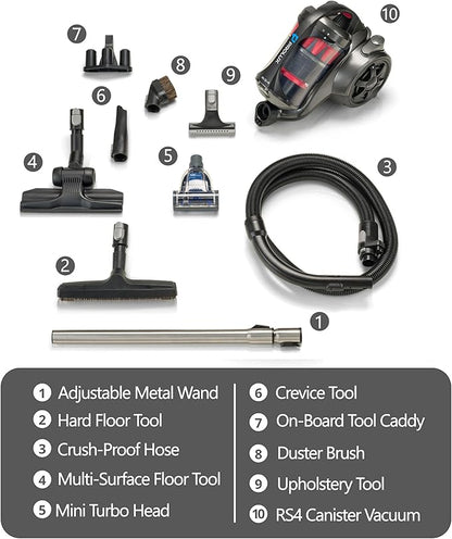 Prolux RS4 Bagless Canister Vacuum, Lightweight with Dual HEPA Filtration, 25 Foot Retractable Cord, Telescopic Wand, Versatile for Wood Floor, Carpet, Home, Office, Apartment, RV, Dorm Room