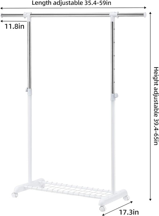 LiaMeE Adjustable Clothing Rack for Hanging Clothes, Heavy Duty Garment Rack with Wheels，Free Standing Rolling Clothes Rack with Shelf & Grid, Easy Assembly Standard Rod, White & Chrome