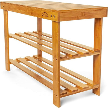 Homemaid Living Bamboo 3 Tier Shoe Rack Bench, Premium Organizer or Entryway Bench, Perfect for Shoe Cubby, Entry Bench, Bathroom Bench, Entryway Organizer, Hallway or Living Room(Natural Bamboo)