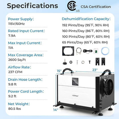 COSTWAY 192 PPD Commercial Dehumidifier, 2600 Sq.Ft Crawl Space Dehumidifier with 9.8 FT Drain Hose & Wired Remote Control Panel, Ideal for Basement, Warehouse, Job Site (White)