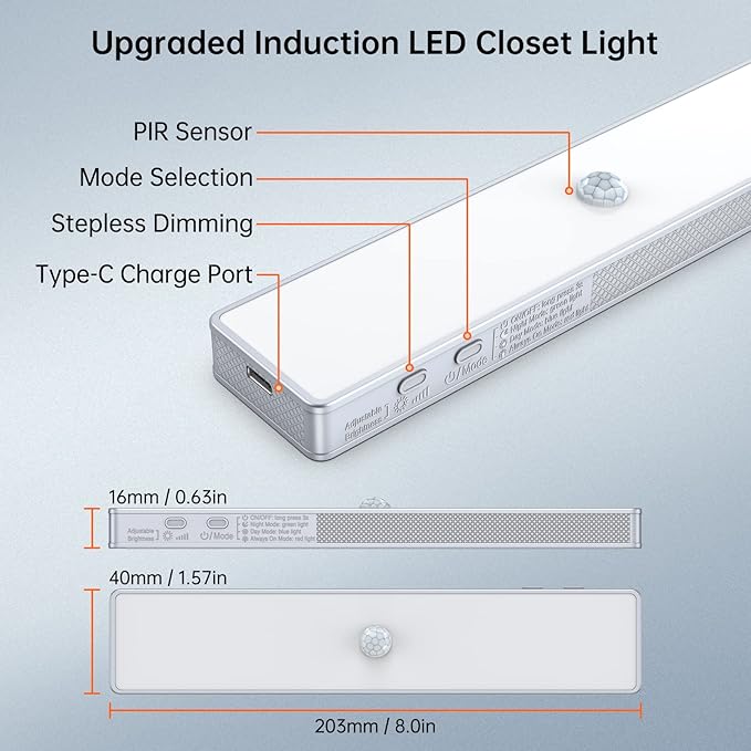 LED Closet Light, 30LEDs Dimmer USB Rechargeable Motion Sensor Light Under Cabinet Lighting, Stick-Anywhere Night Safe Light Bar for Wardrobe,Kitchen-2 Pcs