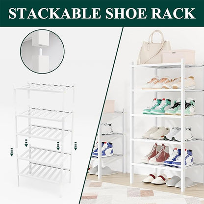 Smiry Shoe Rack, 5 Tier Small Bamboo Shoe Organizer, Stackable Free Standing Wooden Shoe Storage Shelf for Closet, Entryway, Front Door Entrance, White