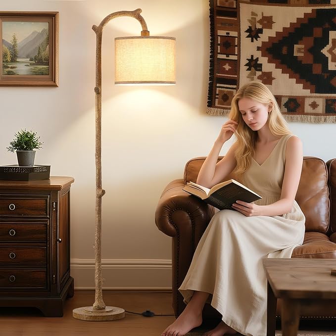 Floor Lamp for Bedroom - 69" Rustic Farmhouse Tall Lamp with 3 Color Temperatures- Country Resin Vintage Reading Light Standing Lamps for Living Room Office Classroom Home Decor, Bulbs, Brown