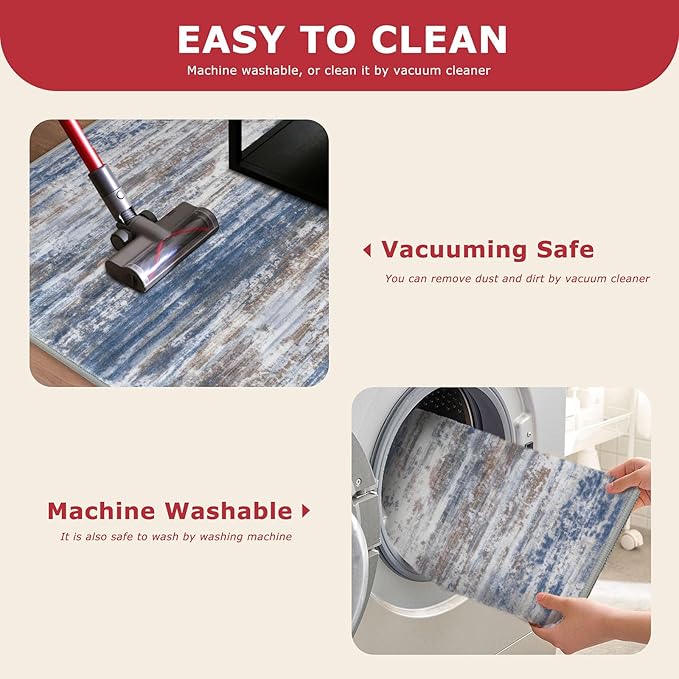 KOZYFLY Modern Abstract Hallway Runner Rug, 2.6x8 Washable Rug Runner Non-Slip Soft Striped Kitchen Runner Rugs, Print Blue Rust Carpet Runner for Entryway Bathroom Laundry Room Foyer