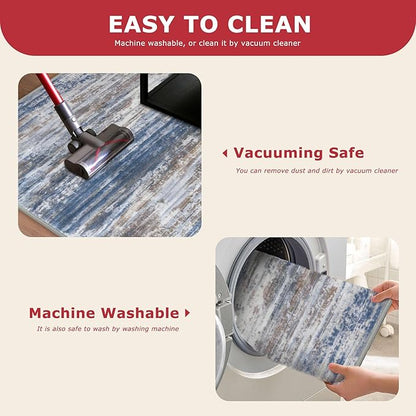KOZYFLY Modern Abstract 3x5 Area Rug Washable Bedroom Rug Blue Rust, Throw Entry Mat Non-Slip Stain Resistant Carpet Dining Room Rug with Soft Low Pile for Living Room Kitchen Bath Office