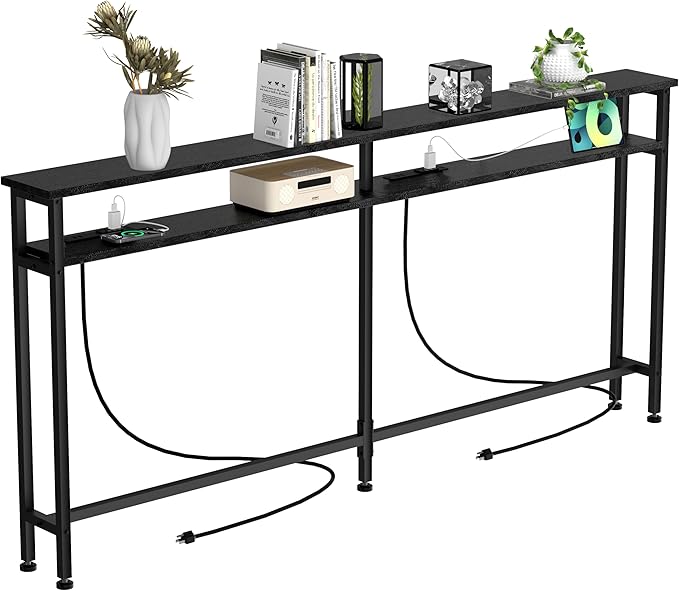 78 Inch Double-Layer Narrow Console Sofa Table with 2 Power Outlets &4 AC Plugs&4 USB Ports, 4.9' Extension Cord Included, Behind Couch Table for Living Room/Office Easy Assembly - Black