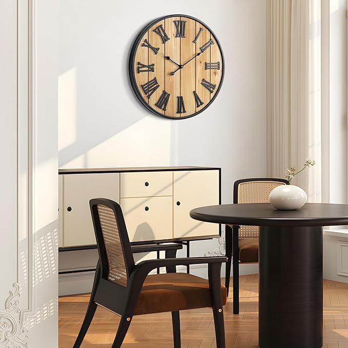 Large Wall Clock 16IN, Silent Metal Wood Style Wall Clocks Battery Operated for Living Room Decor, Farmhouse Big Wall Clock, Outdoor