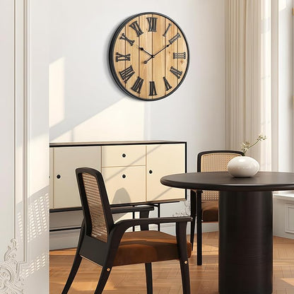 Large Wall Clock 16IN, Silent Metal Wood Style Wall Clocks Battery Operated for Living Room Decor, Farmhouse Big Wall Clock, Outdoor