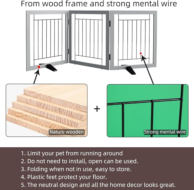ZJSF Freestanding Dog Gate Indoor, Foldable Dog Fence for Doorways,Hallways or Stairs, Sturdy Wood Extra Wide Pet Gate with Support Feet,Grey,32 "Height-3 Panels