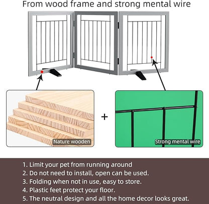 ZJSF Freestanding Dog Gate Indoor, Foldable Dog Fence for Doorways,Hallways or Stairs, Sturdy Wood Extra Wide Pet Gate with Support Feet,Grey,24 "Height-3 Panels