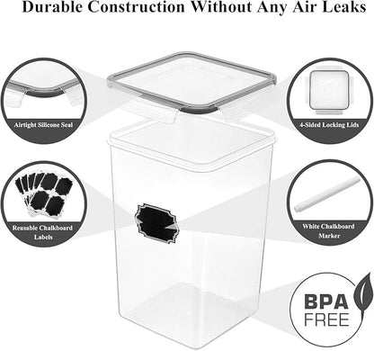 Wildone Extra Large Tall Airtight Food Storage Containers 6.5L/ 5.9QT, Plastic BPA Free Kitchen Pantry Storage Containers 4 Pieces for Flour, Sugar, Rice, with 20 Labels & 1 Marker, Black