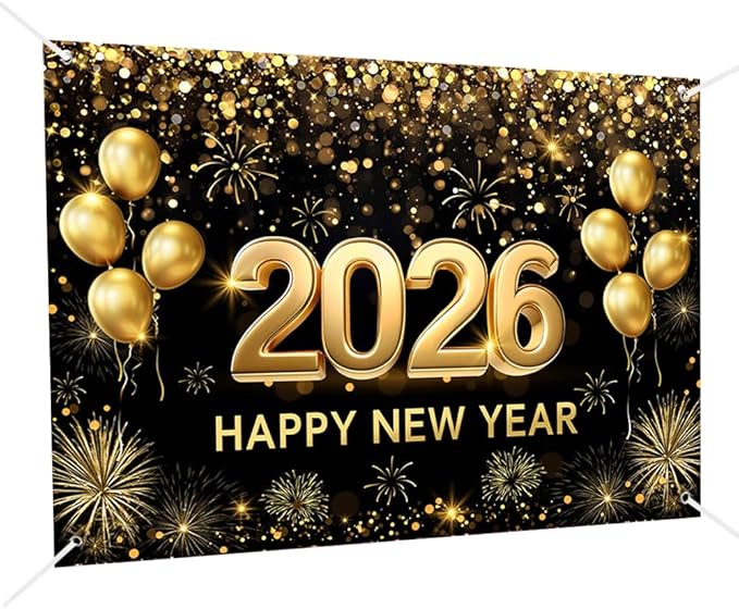 MEHOFOND 7x5 ft Black and Gold 2026 Happy New Year Backdrop Cheers to 2026 New Year Eve Glitter Photography Background Hello 2026 Party Balloon Fireworks Decor Banner Cake Smash Photo Props