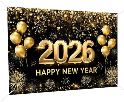 MEHOFOND 7x5 ft Black and Gold 2026 Happy New Year Backdrop Cheers to 2026 New Year Eve Glitter Photography Background Hello 2026 Party Balloon Fireworks Decor Banner Cake Smash Photo Props