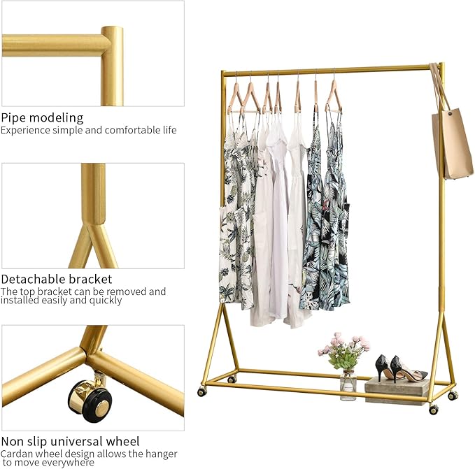 BOSURU Gold Pipe Clothing Racks Freestanding, Modern Metal Clothes Rack Heavy Duty, Easy Assemble Clothing Rack for Hanging Boutiques and Bedroom 47" L