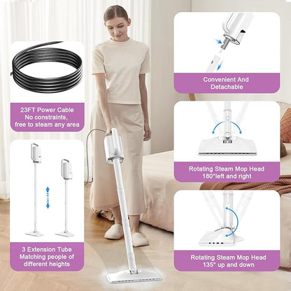 7-in-1 Steam Mop, 1200W Rotated Steam Cleaner for Home, 2 Modes, 400ML Removable Tank, 23FT Cord, 2 Washable Pads, Multi-Surface Steamer for Hard Floor, Laminate Floor, Tiles Cleaning (Fish White)