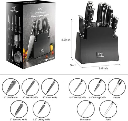 16-Piece Damascus Knife Set with Block - VG10 67-Layer Steel, Razor Sharp, Triple-Rivet Handles, 6 Steak Knives, Meat Fork, Sharpener & Scissors, Black