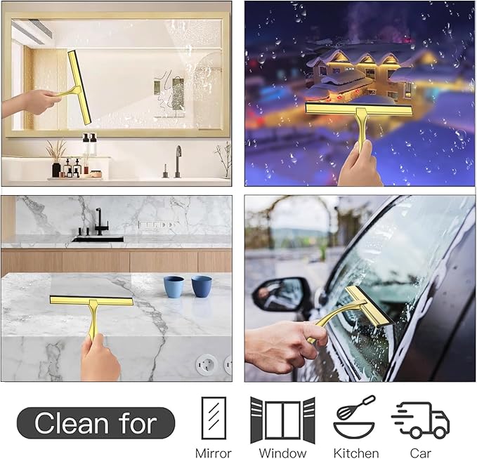peafowl 14 inch Shower Squeegee Stainless Steel Bath Squeegee for Shower Glass DoorsBathroom Windows Kitchen Mirror and Car Glass with Hooks Holder (14 inch, Gold)