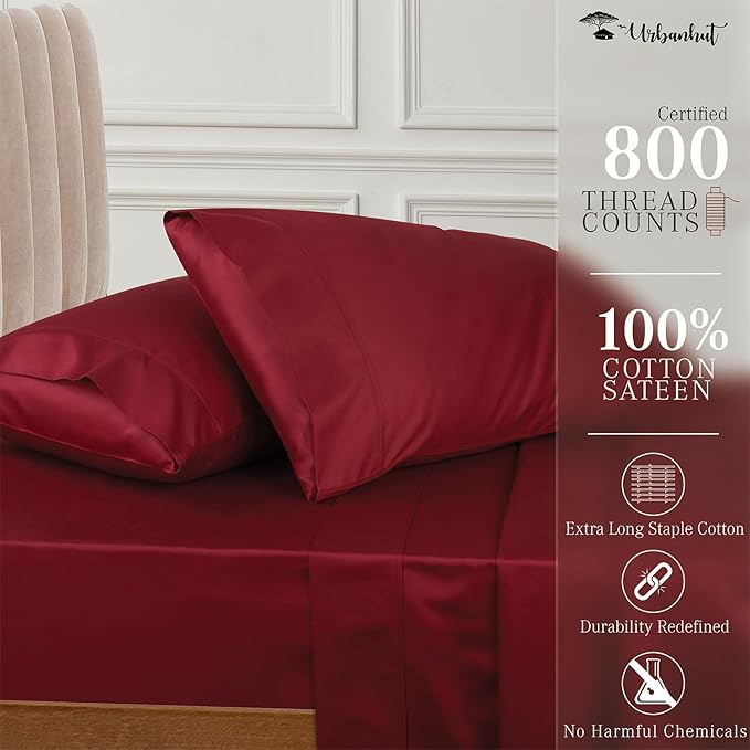 URBANHUT 800 Thread Count Egyptian Cotton Sheets Set Queen Size, Long Staple Sheets, 4 Pc Bed Sheet Sets for Queen Size Bed, Luxury Hotel Sateen Sheets Fits 16" Deep Pocket - Burgundy