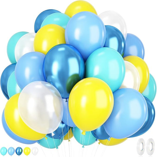 Blue Yellow Balloons, 50 Pcs 12 Inches Yellow Blue Clear Balloon, Teal Blue Metallic Clear Balloon for Girls Boy Cartoon Theme Birthday Baby Shower Wedding Party