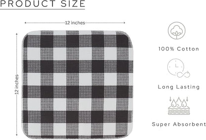 Waffle Weave Plaid Dish Cloths, 100% Cotton - 12 x 12 Inches, Ultra Soft Absorbent Quick Drying Dish Towels Buffalo Check Dish Rags for Kitchen, 8 Pack - Fall Thanksgiving-Steel Grey & White