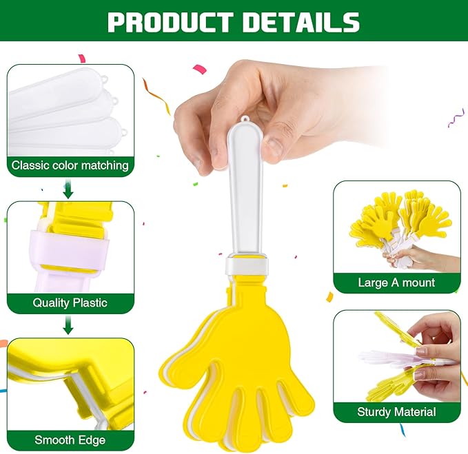 Junkin 48 Pcs Hand Clappers Bulk 7. 5 x 3. 5 Inches Noise Makers Party Favors Clapping Noise Maker Clacker for Birthdays Game Prizes Rewards Football Sporting Events Cheers Supplies (Yellow,White)